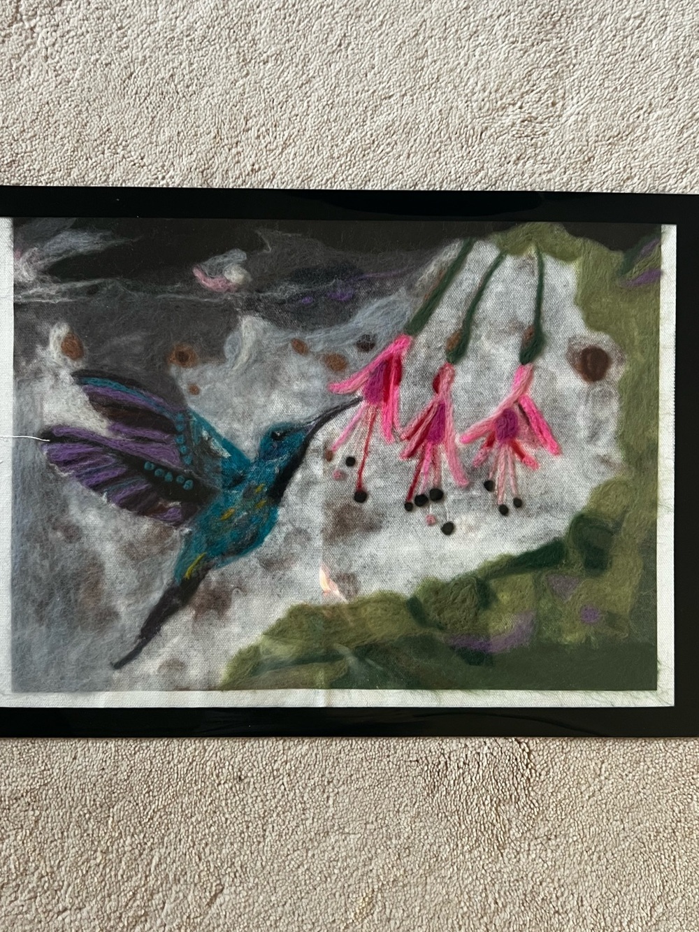Hand Crafted Teal and Pink Hummingbird Felt Wall Art